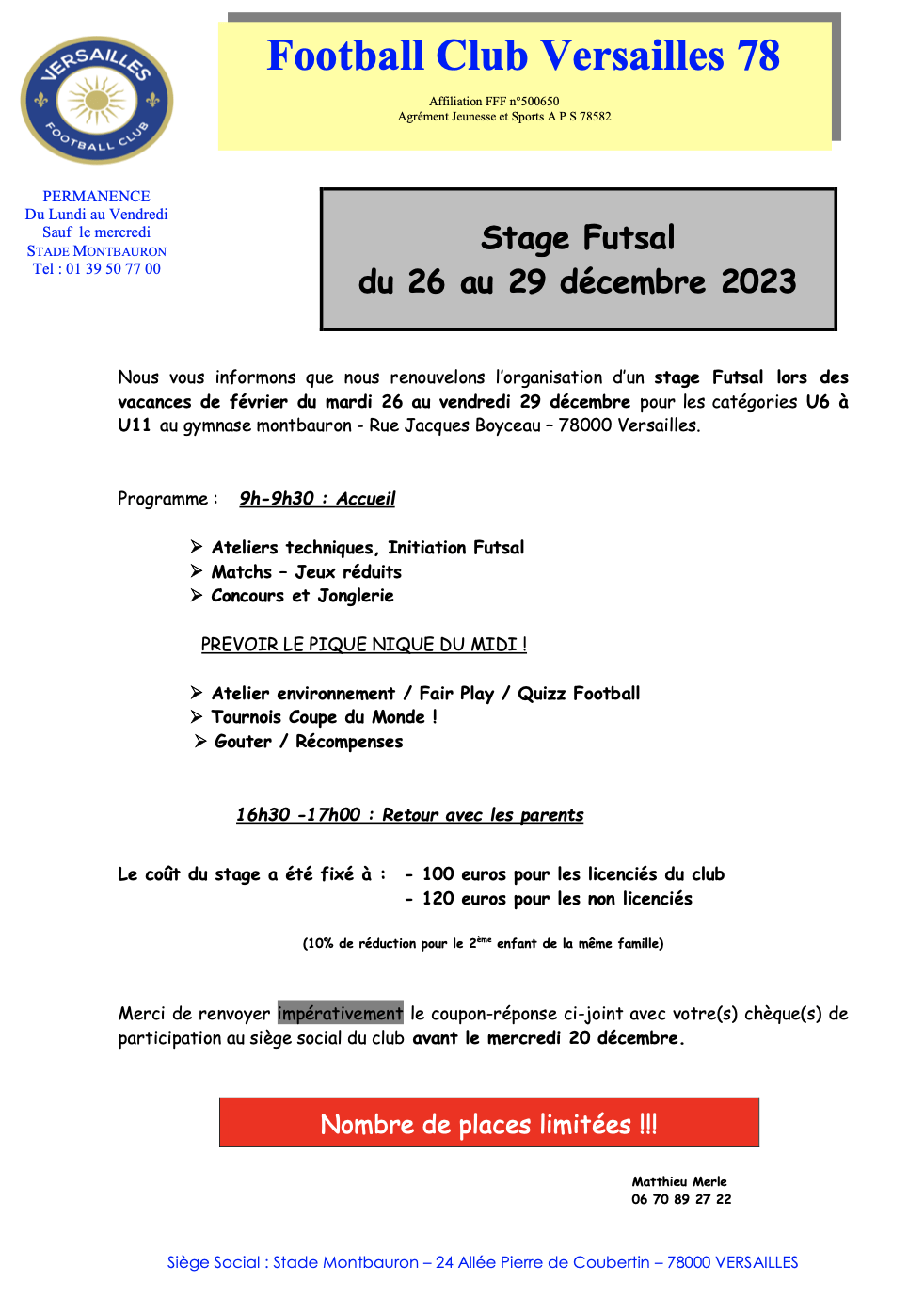 Info Futsal FC VERSAILLES décembre 2023 Stage
